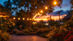 A photograph of a beautifully illuminated outdoor space featuring solar-powered lights integrated into a garden or patio setting
