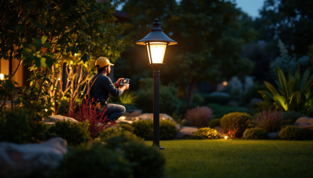 A photograph of a skilled lighting contractor installing a stylish yard lamp in a beautifully landscaped outdoor space