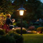 A photograph of a skilled lighting contractor installing a stylish yard lamp in a beautifully landscaped outdoor space