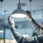 A photograph of a lighting contractor expertly installing or adjusting a type s light fixture in a modern setting
