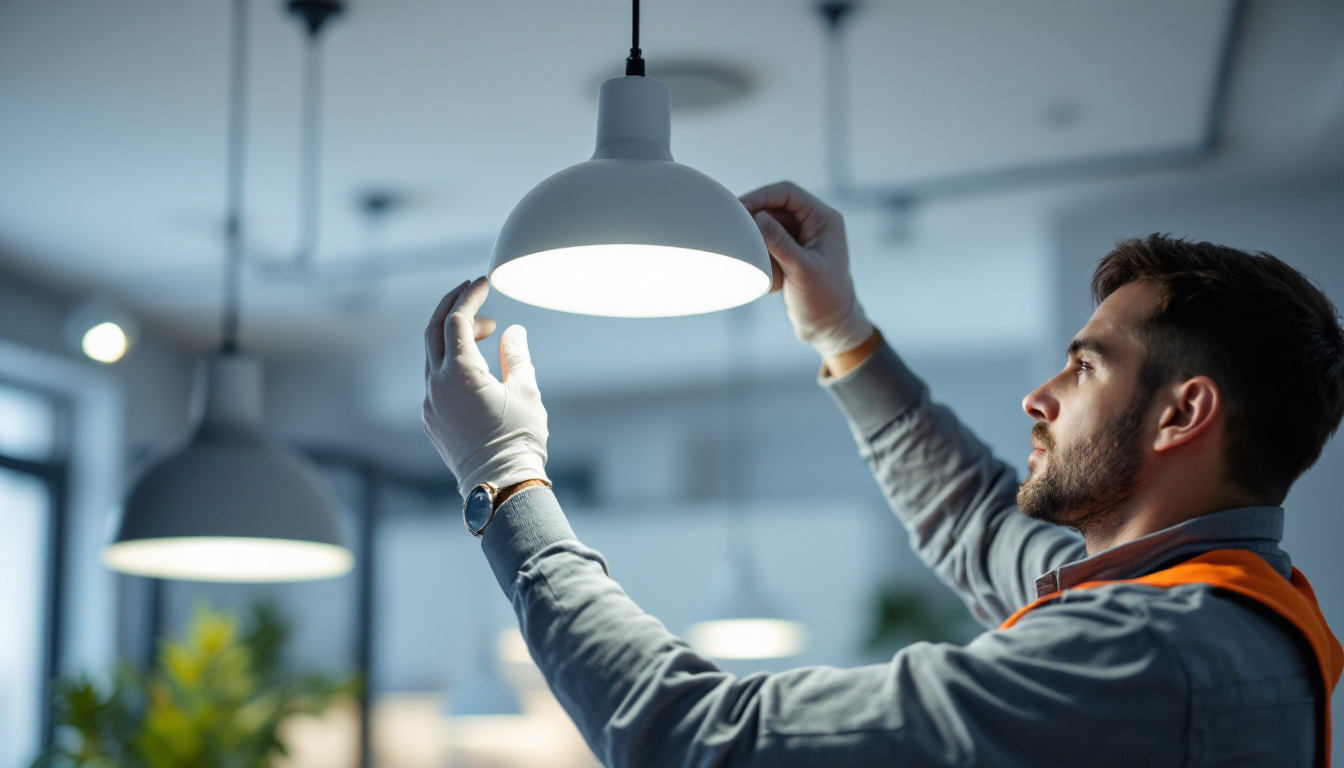 A photograph of a lighting contractor expertly installing or adjusting a type s light fixture in a modern setting