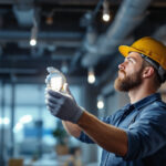 A photograph of a lighting contractor examining or installing a 4-foot fluorescent light bulb in a commercial space