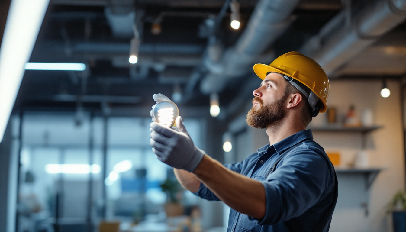 A photograph of a lighting contractor examining or installing a 4-foot fluorescent light bulb in a commercial space