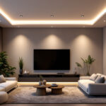 A photograph of a modern living space featuring sleek recessed lighting fixtures