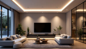 A photograph of a modern living space featuring sleek recessed lighting fixtures