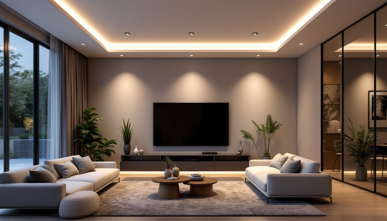 A photograph of a modern living space featuring sleek recessed lighting fixtures
