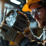 A photograph of a lighting contractor inspecting or installing a lamp ballast in a well-lit workspace