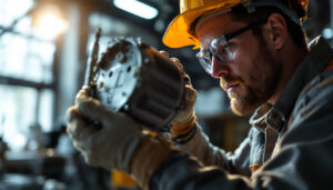 A photograph of a lighting contractor inspecting or installing a lamp ballast in a well-lit workspace