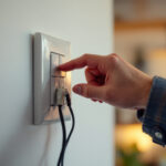 A photograph of a skilled electrician installing or adjusting a three-way light switch in a well-lit
