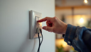 A photograph of a skilled electrician installing or adjusting a three-way light switch in a well-lit