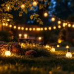 A photograph of a beautifully illuminated outdoor space featuring solar bulbs in various settings