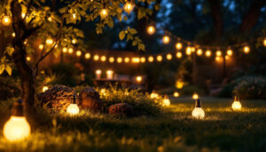 A photograph of a beautifully illuminated outdoor space featuring solar bulbs in various settings