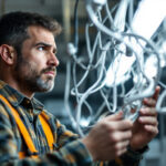 A photograph of a lighting contractor examining a tangled mess of fluorescent light bulb cords and fixtures