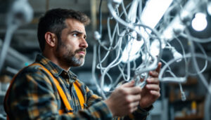 A photograph of a lighting contractor examining a tangled mess of fluorescent light bulb cords and fixtures