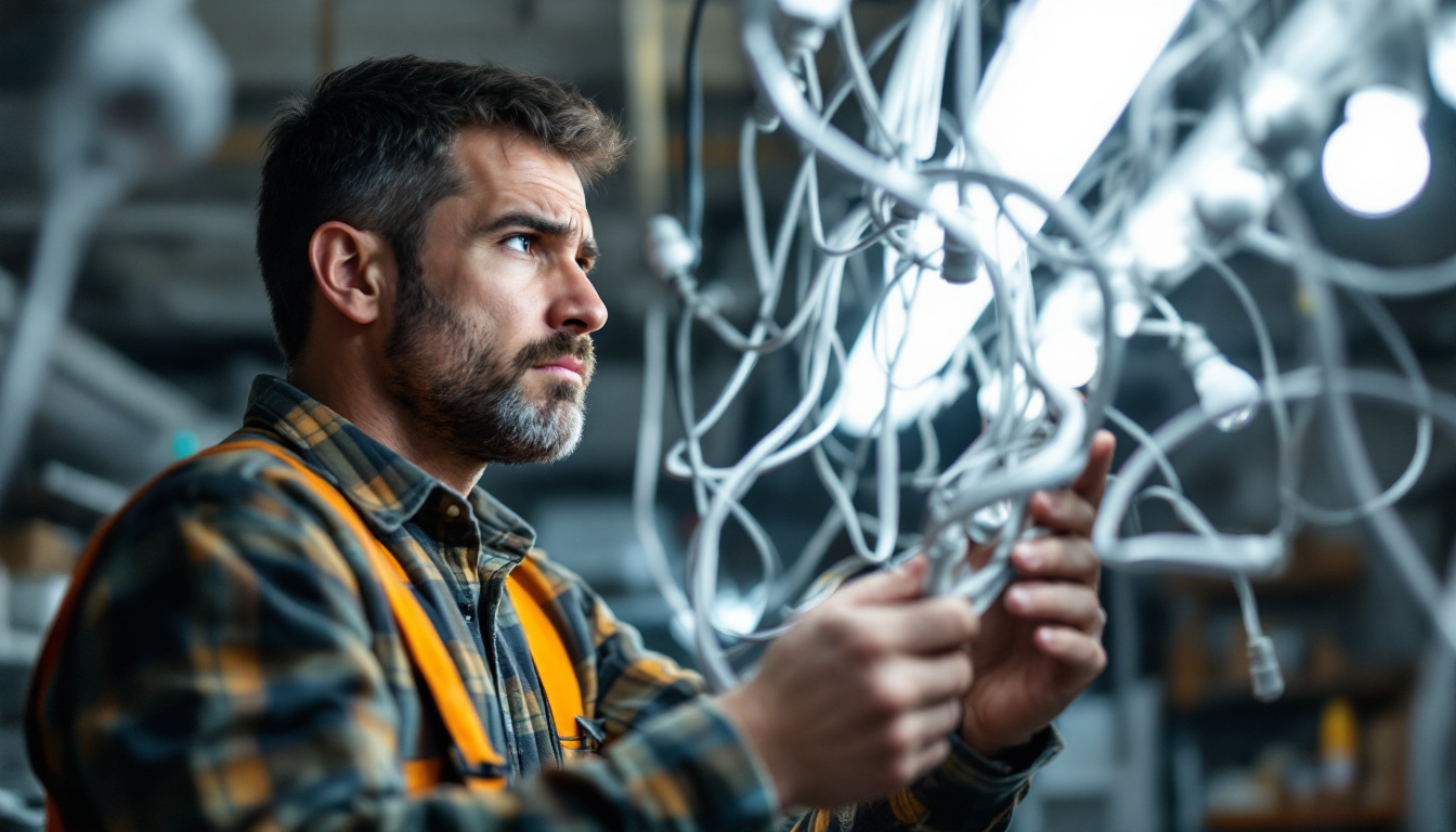 A photograph of a lighting contractor examining a tangled mess of fluorescent light bulb cords and fixtures