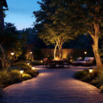 A photograph of a beautifully illuminated outdoor space featuring led solar lights in various settings