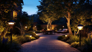 A photograph of a beautifully illuminated outdoor space featuring led solar lights in various settings
