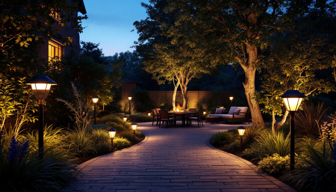 A photograph of a beautifully illuminated outdoor space featuring led solar lights in various settings