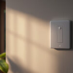 A photograph of a stylishly designed motion sensor light switch installed in a modern home setting