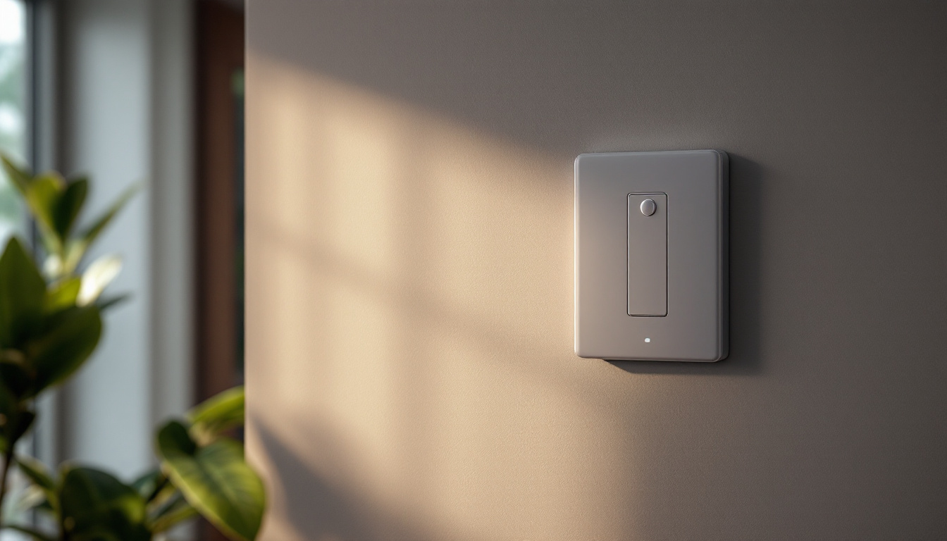 A photograph of a stylishly designed motion sensor light switch installed in a modern home setting