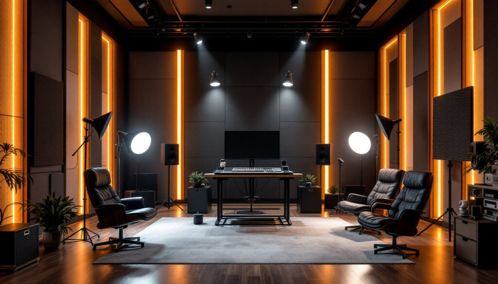 A photograph of a well-designed recording studio with dynamic lighting setups