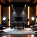 A photograph of a well-designed recording studio with dynamic lighting setups