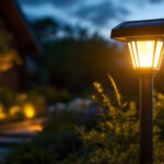 A photograph of a beautifully illuminated solar led post light in a landscaped outdoor setting during twilight
