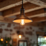 A photograph of a beautifully designed custom barn light installed in a rustic setting
