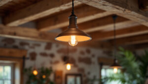 A photograph of a beautifully designed custom barn light installed in a rustic setting