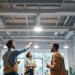 A photograph of a well-lit suspended ceiling featuring pot lights