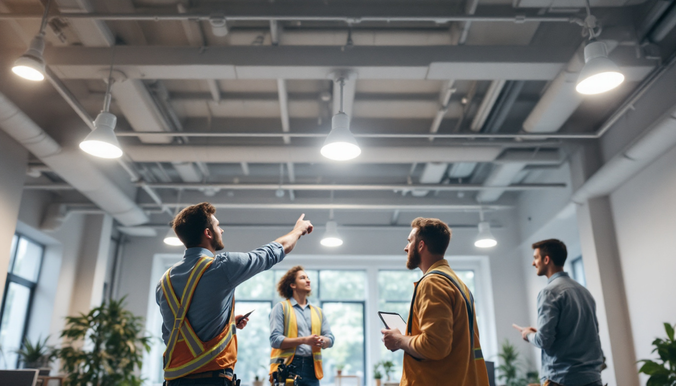 A photograph of a well-lit suspended ceiling featuring pot lights