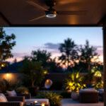 A photograph of a stylish outdoor ceiling fan with integrated lighting installed in a beautifully designed outdoor space