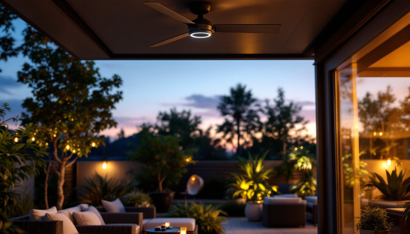 A photograph of a stylish outdoor ceiling fan with integrated lighting installed in a beautifully designed outdoor space