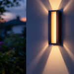 A photograph of a beautifully illuminated outdoor space featuring a modern led wall lamp