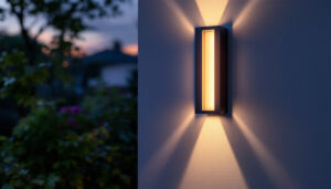 A photograph of a beautifully illuminated outdoor space featuring a modern led wall lamp