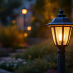 A photograph of a beautifully illuminated solar lamp post lantern in a landscaped outdoor setting during twilight