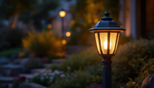 A photograph of a beautifully illuminated solar lamp post lantern in a landscaped outdoor setting during twilight