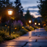 A photograph of a beautifully illuminated outdoor space featuring solar flood lights in use