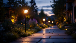A photograph of a beautifully illuminated outdoor space featuring solar flood lights in use