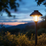 A photograph of a beautifully illuminated solar lamp post in a serene outdoor setting during dusk