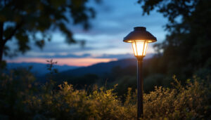 A photograph of a beautifully illuminated solar lamp post in a serene outdoor setting during dusk