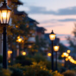 A photograph of a beautifully illuminated outdoor scene featuring stylish lamp posts in a residential or commercial setting