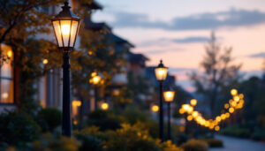 A photograph of a beautifully illuminated outdoor scene featuring stylish lamp posts in a residential or commercial setting