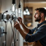 A photograph of a lighting contractor installing a 3-way switch system with three lights in a modern home setting