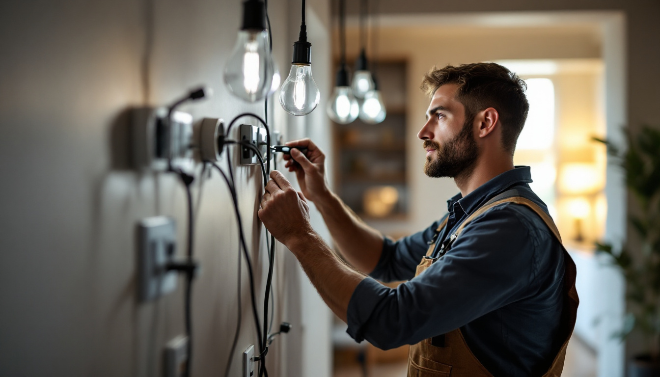 A photograph of a lighting contractor installing a 3-way switch system with three lights in a modern home setting