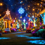 A photograph of a beautifully decorated outdoor space featuring vibrant projection lighting displays