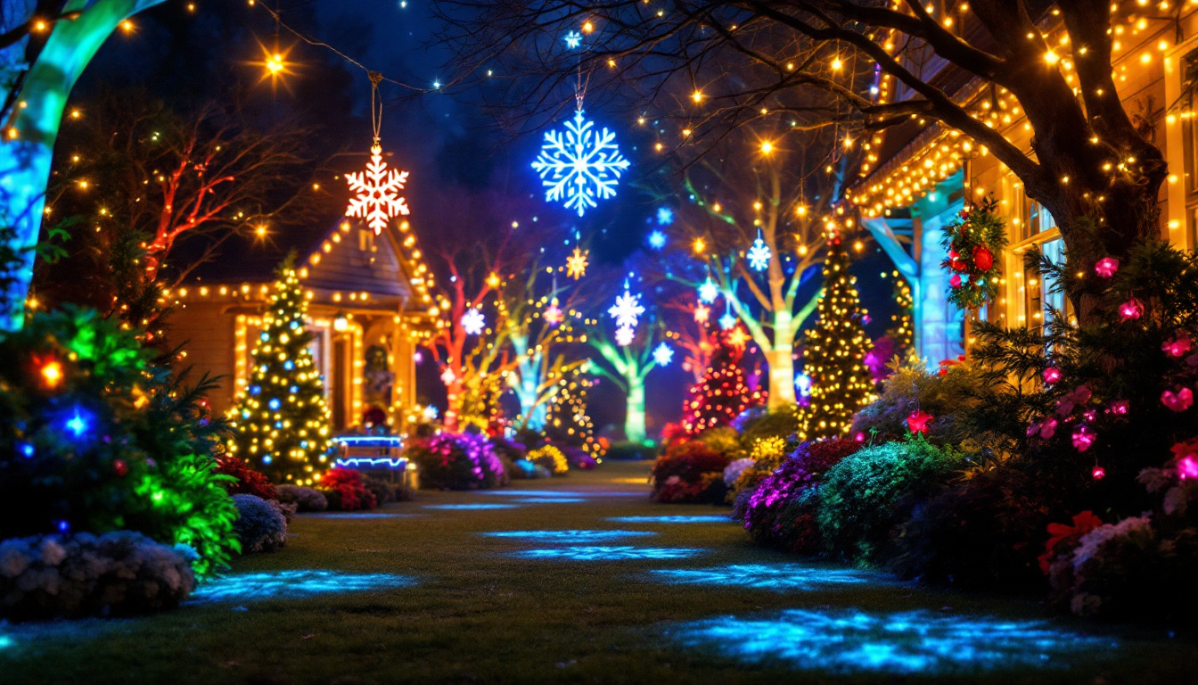 A photograph of a beautifully decorated outdoor space featuring vibrant projection lighting displays