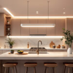 A photograph of a beautifully designed kitchen featuring elegant flush mount lighting fixtures that showcase both functionality and style