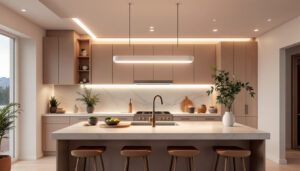 A photograph of a beautifully designed kitchen featuring elegant flush mount lighting fixtures that showcase both functionality and style