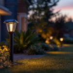 A photograph of a beautifully illuminated outdoor space featuring stylish solar exterior post lights